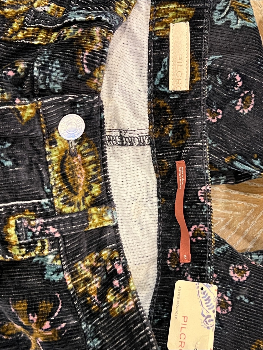 Pilcro Black Corduroy Flare Jeans with Multicolor Floral Motif - Picture 3 of 9